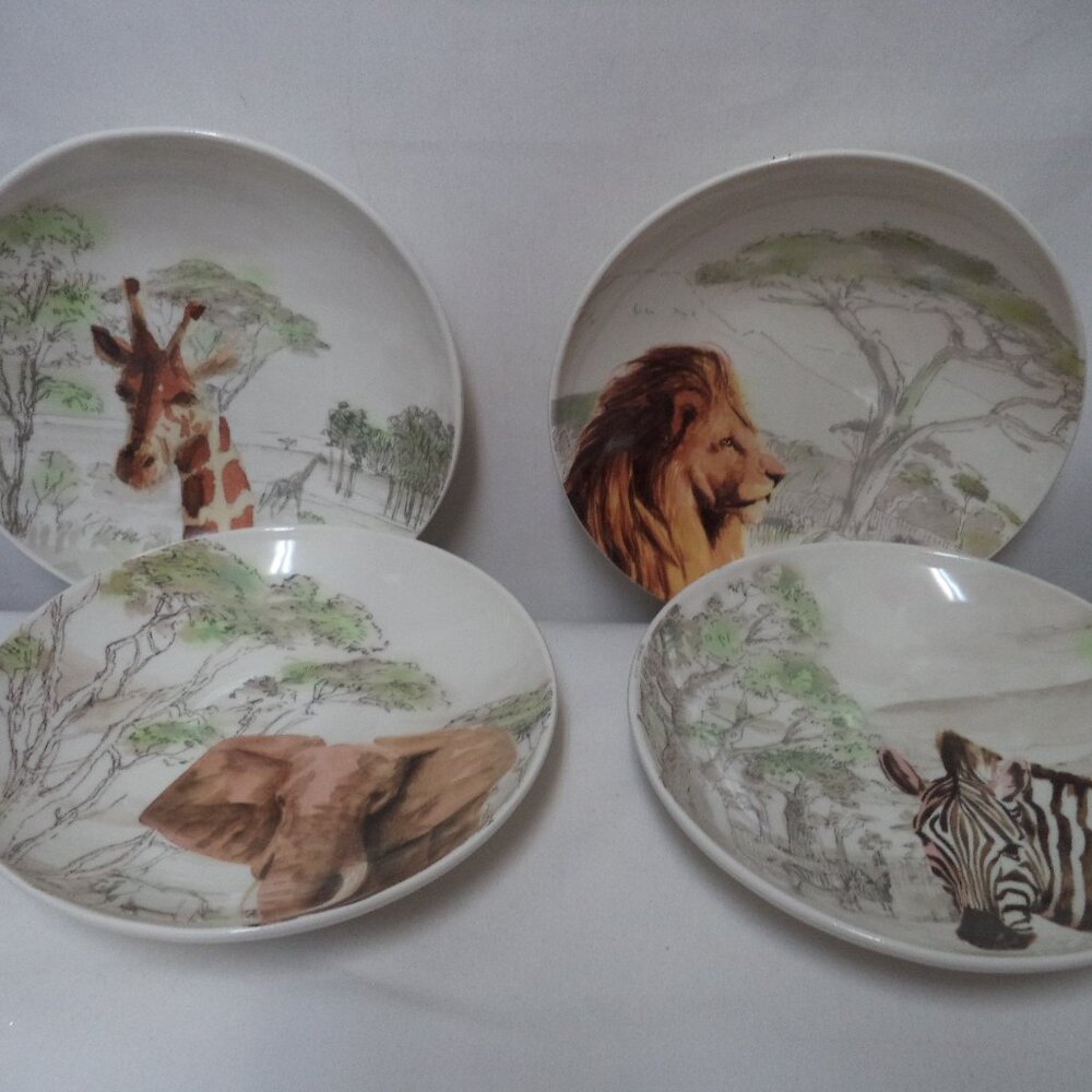 Pier 1 Africa Vtg Hand Painted Earthenware Bowl Set 4 Italy Elephant Lion Zebra